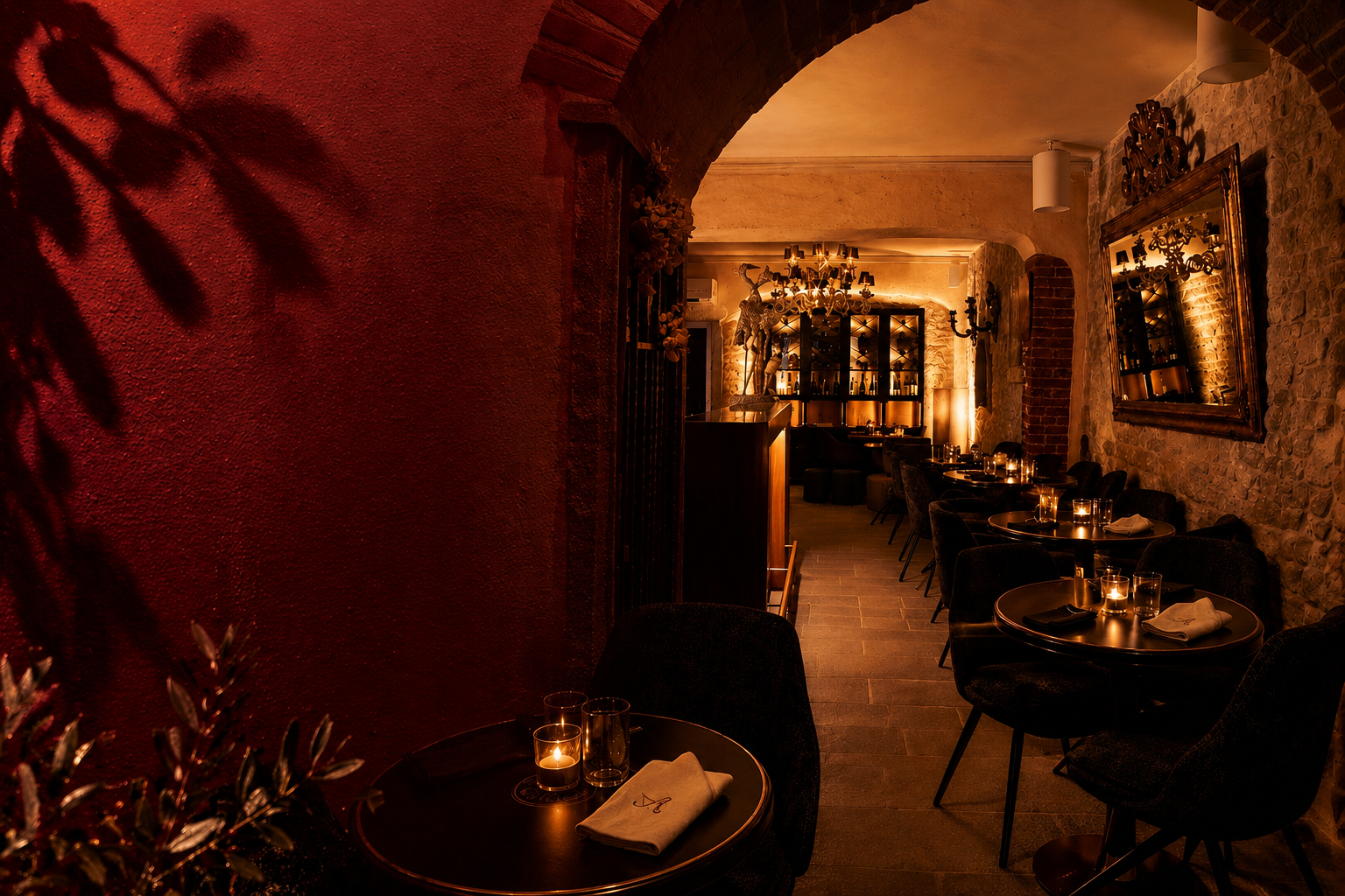 Sala del ristorante Alba Firenze illuminata da candele con pareti bordeaux