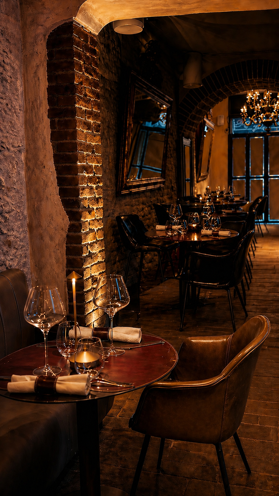 Sala con pareti in mattoni illuminate e bicchieri — Alba Firenze