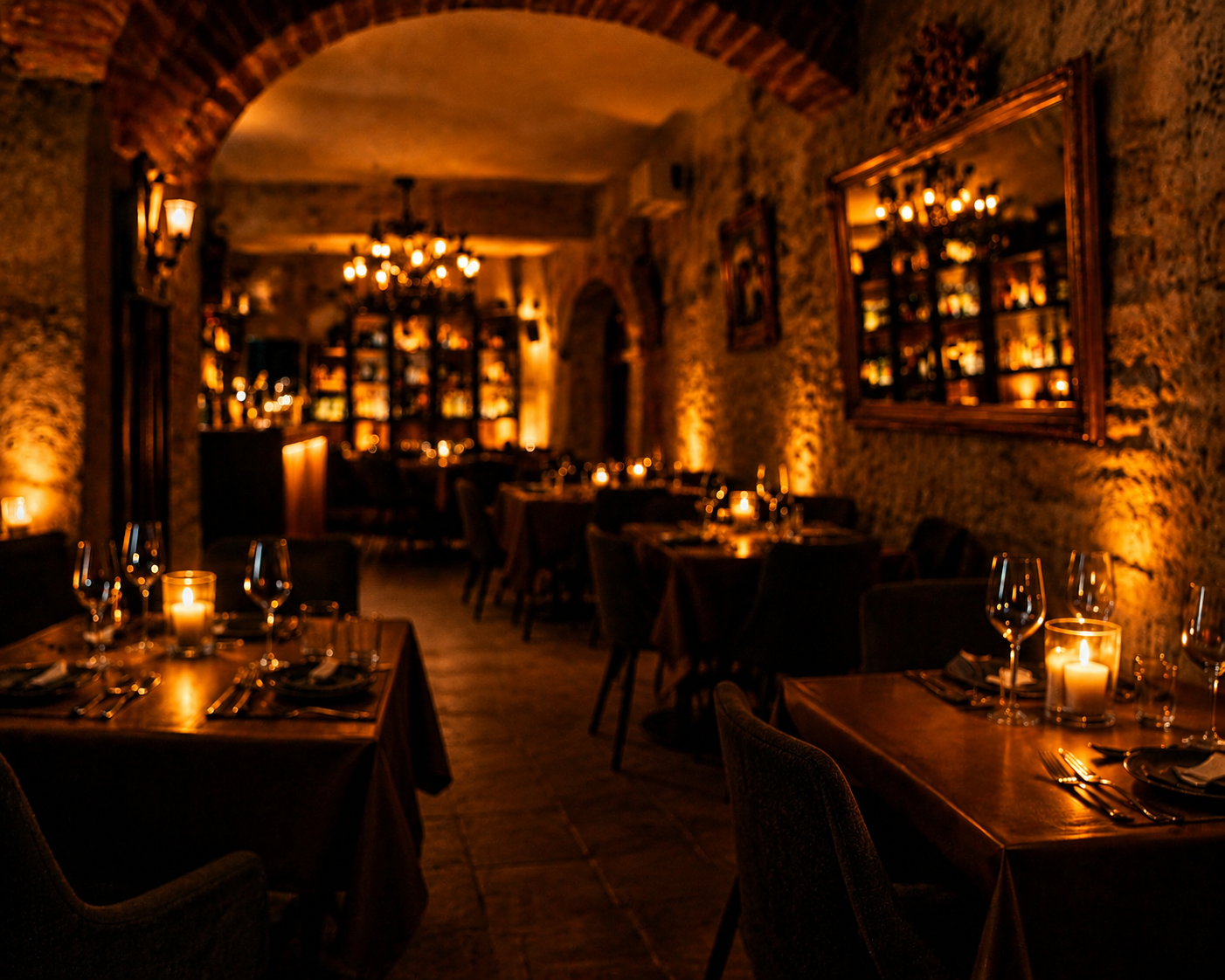 Sala interna di Alba Firenze con candele e archi in pietra