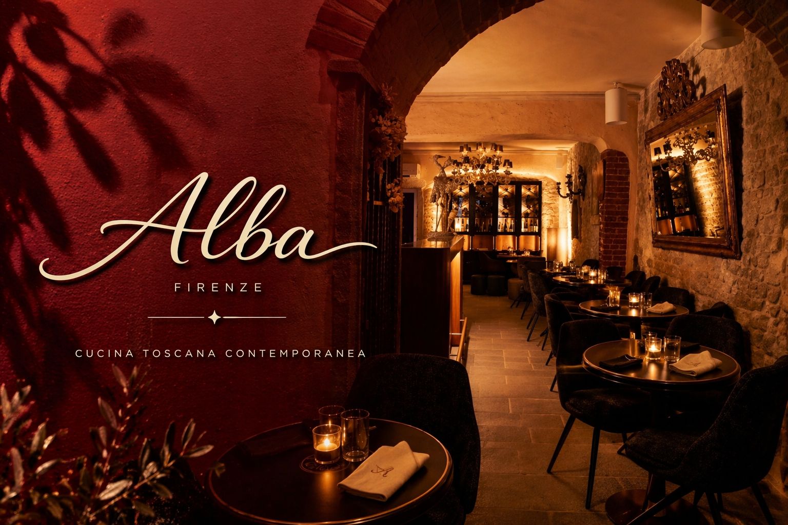 Sala intima con pareti bordeaux e logo Alba