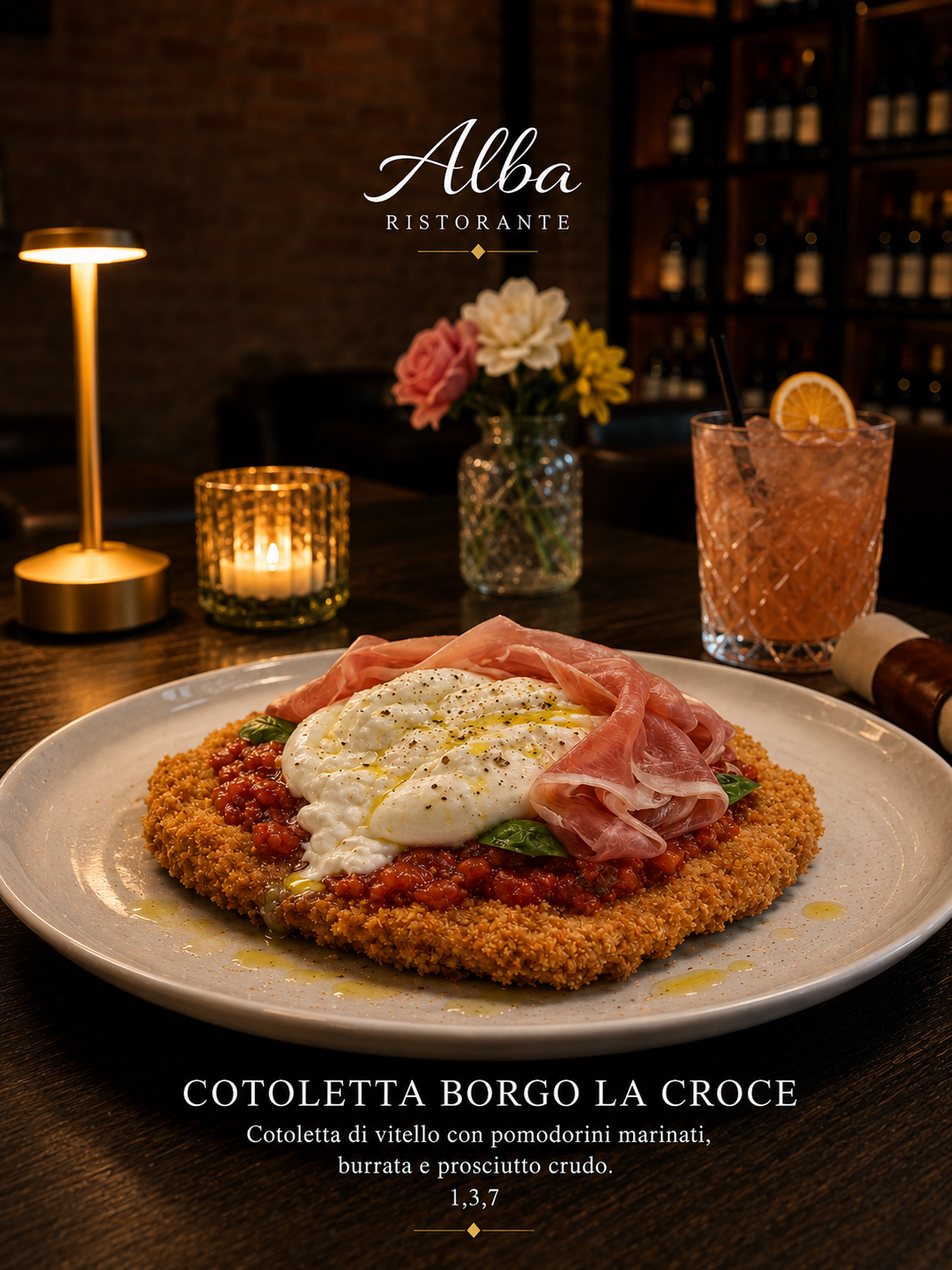 Cotoletta Borgo La Croce con pomodorini marinati, burrata e prosciutto crudo