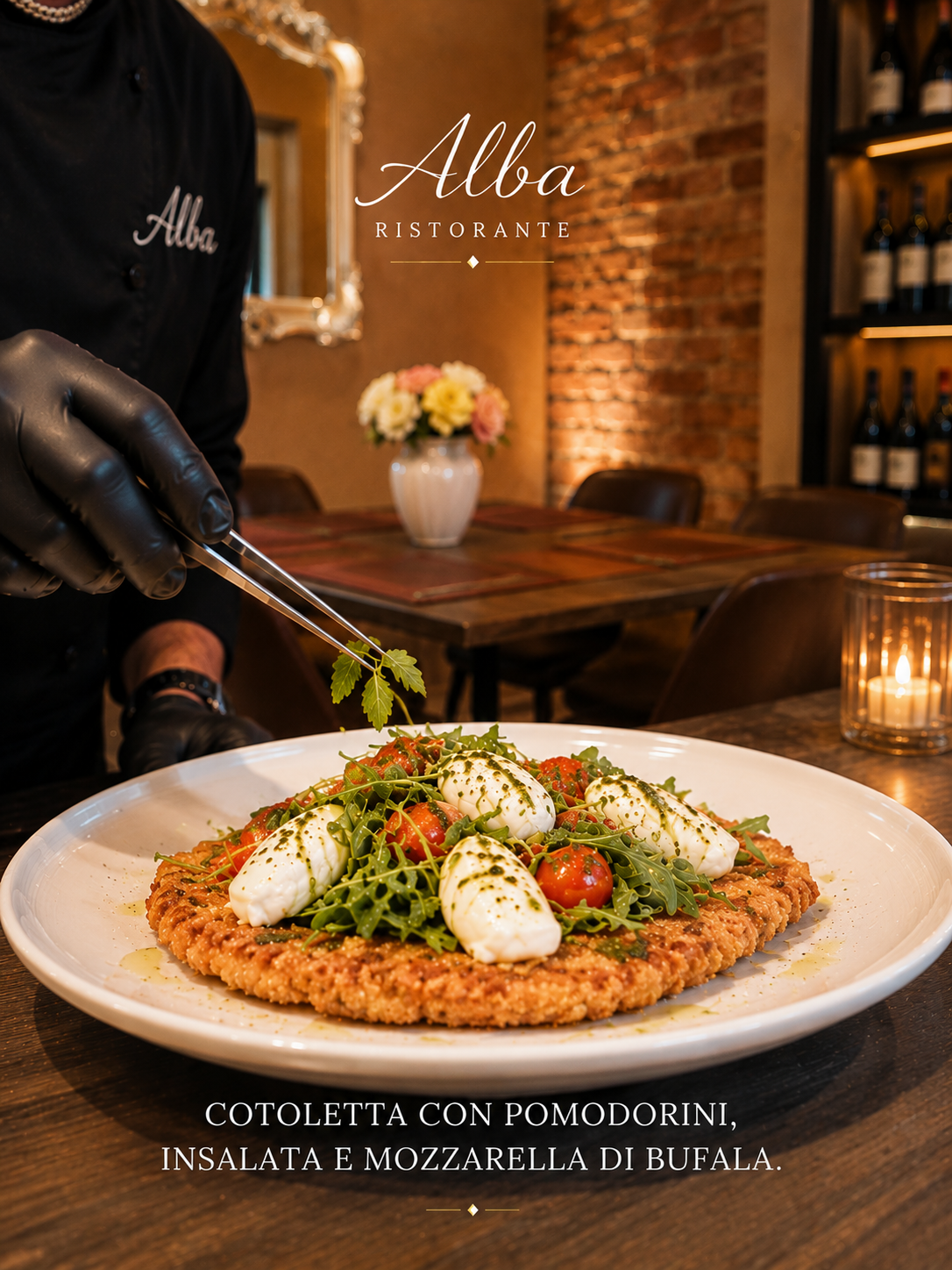 Cotoletta con pomodorini, insalata e mozzarella di bufala