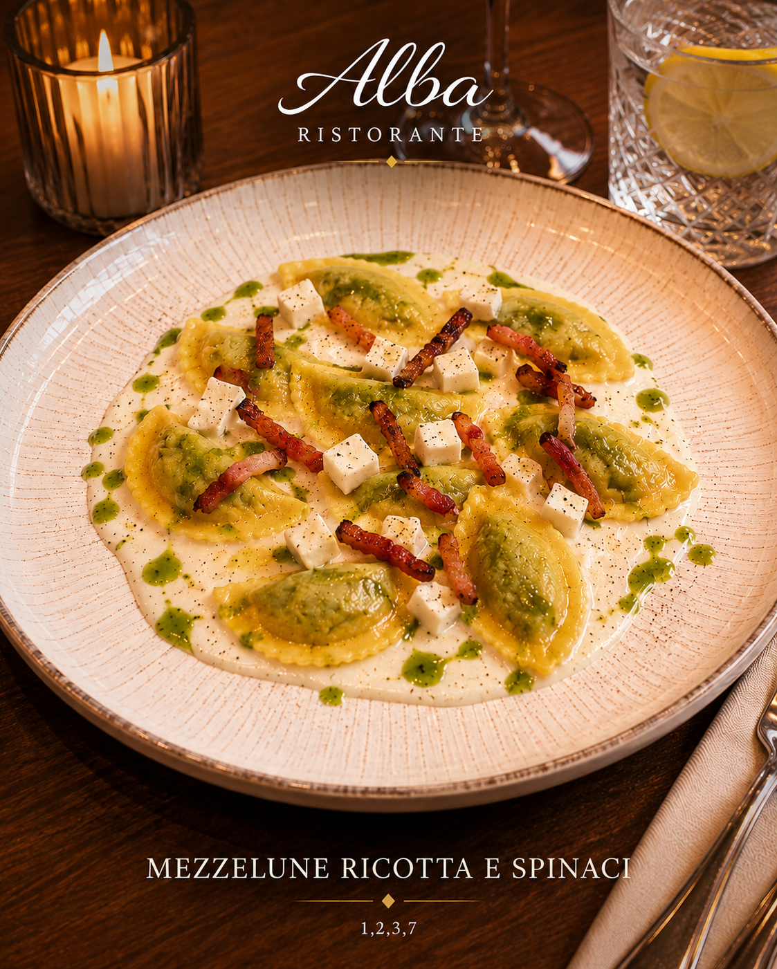 Mezzelune ripiene di ricotta e spinaci con crema di pecorino, guanciale e pera