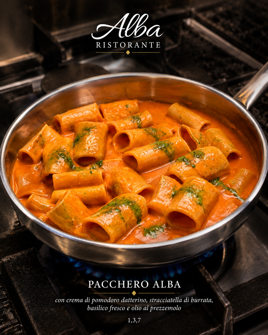 Pacchero Alba con crema di pomodoro datterino e stracciatella di burrata
