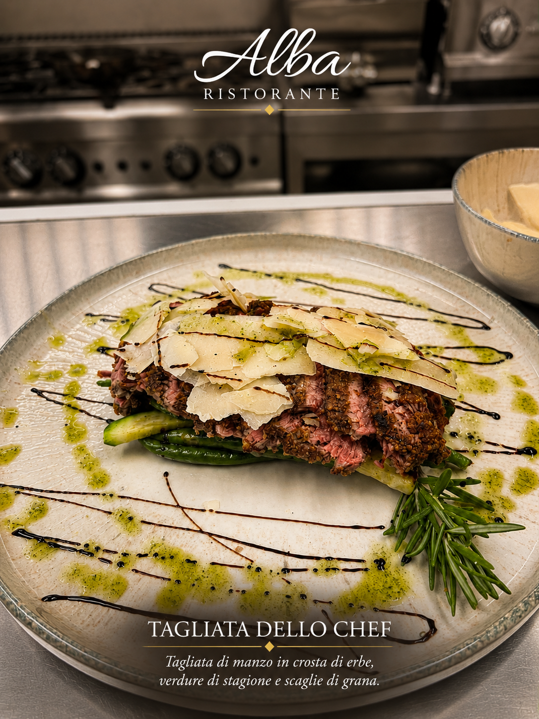 Tagliata dello Chef in crosta di erbe con verdure di stagione e scaglie di grana